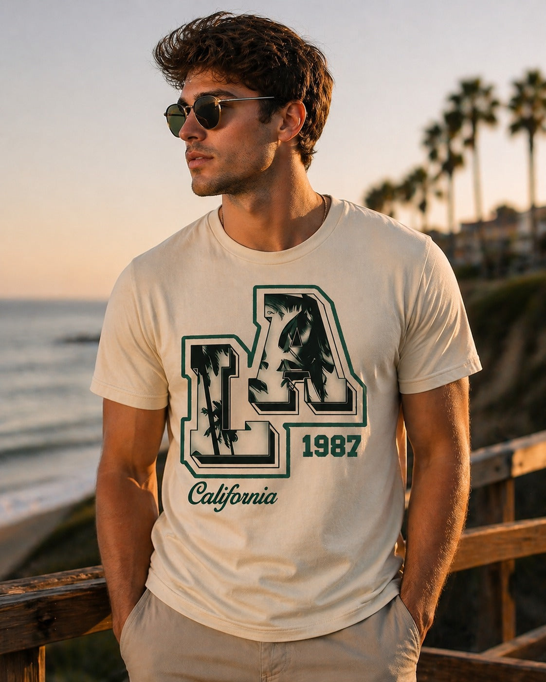 LA California 1987 Graphic Printed Beige T-Shirt