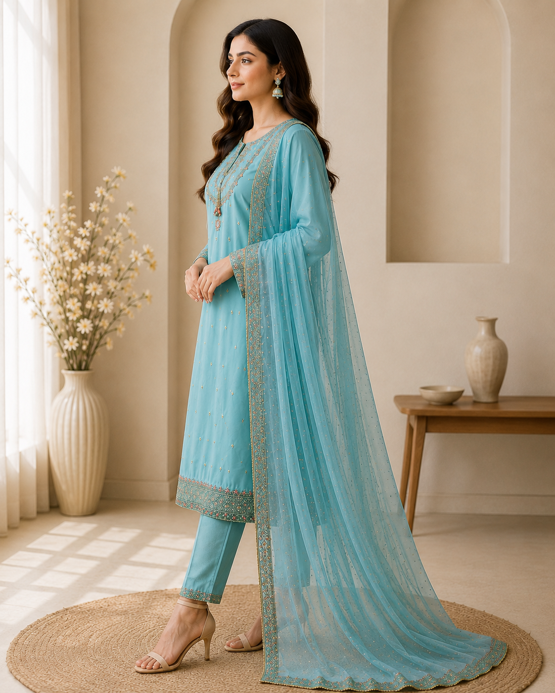 Sky Blue Embroidered Suit