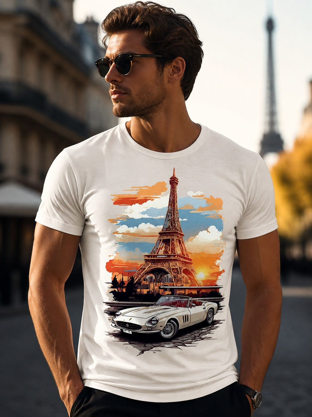 Paris Eiffel Tower & Classic Car White Graphic T-Shirt