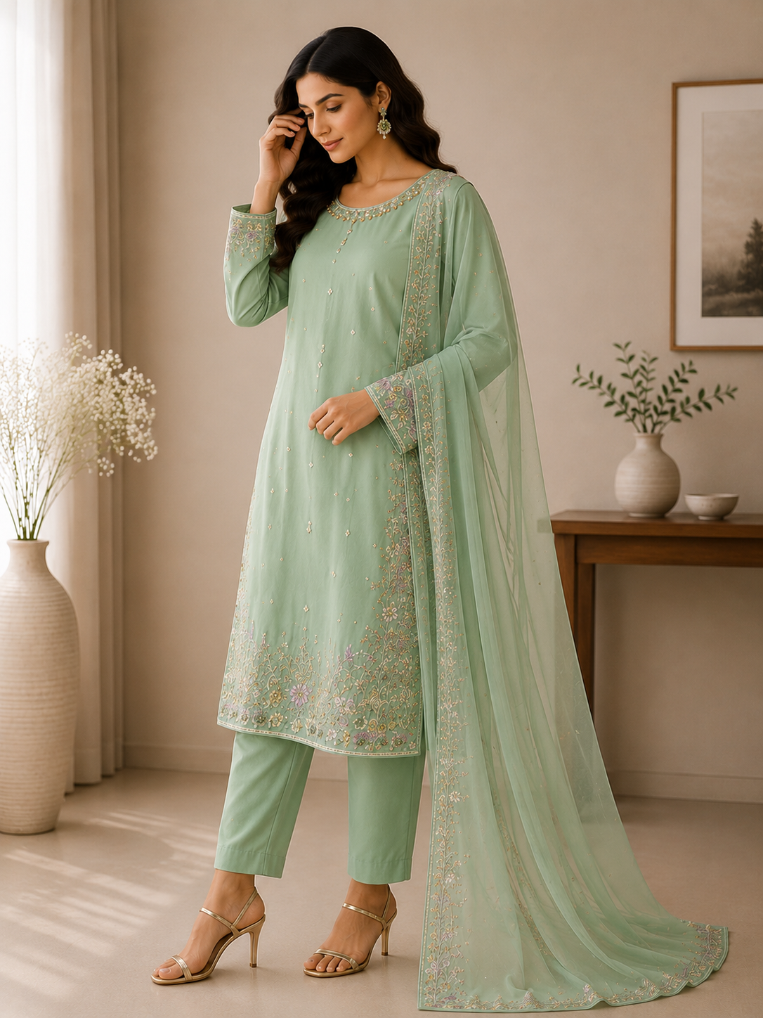 Mint Green Embroidered Suit
