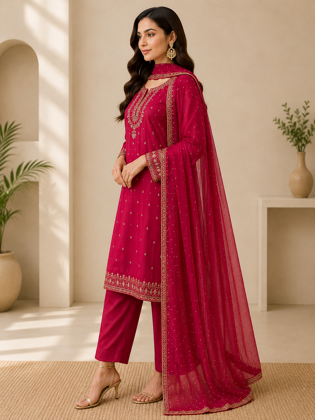 Ruby Pink Embroidered Suit