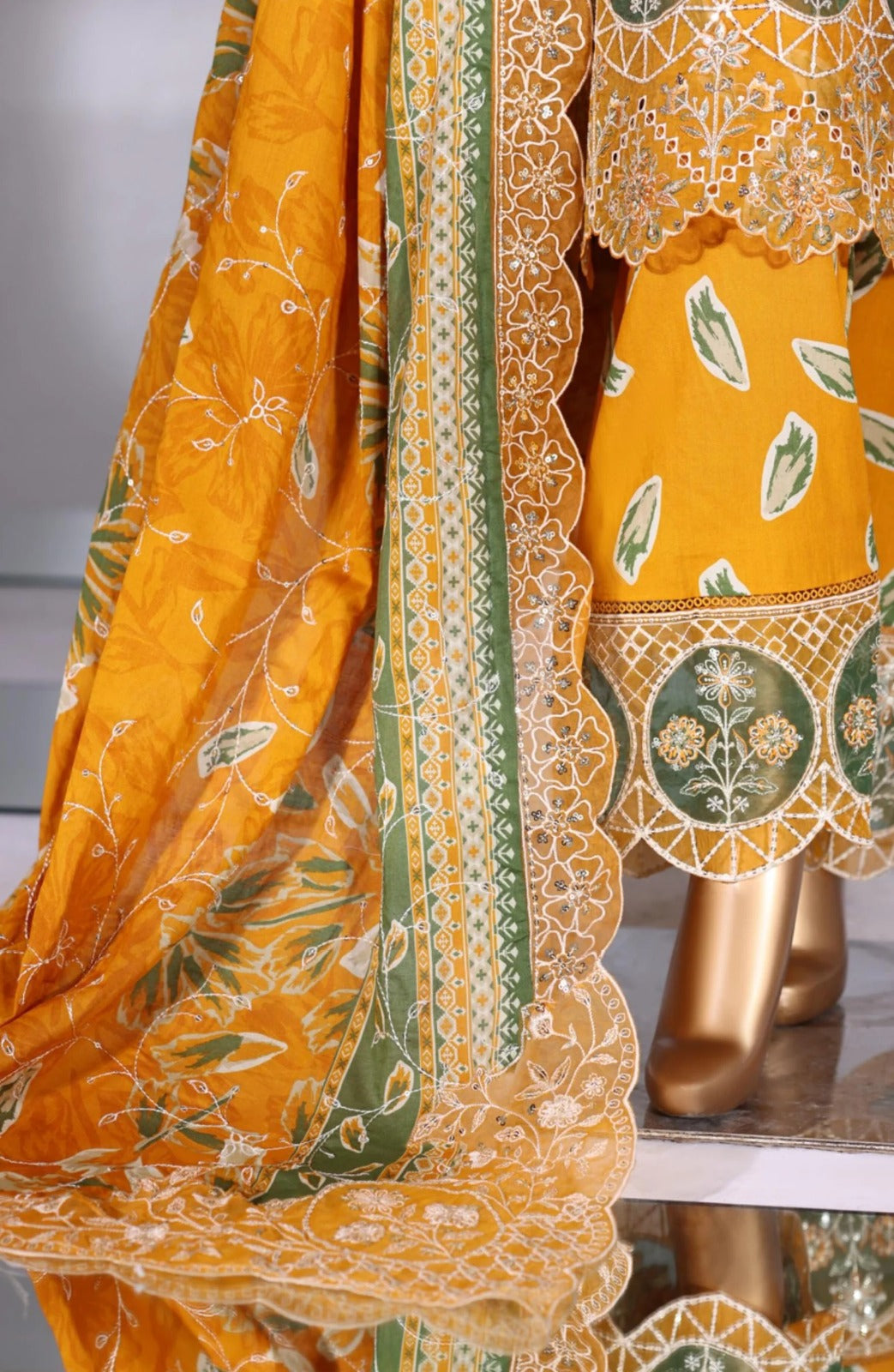 Bin saeed 3pc Mustard Yellow Floral Embroidered stiched Lawn Suit with Printed Dupatta and Trouser