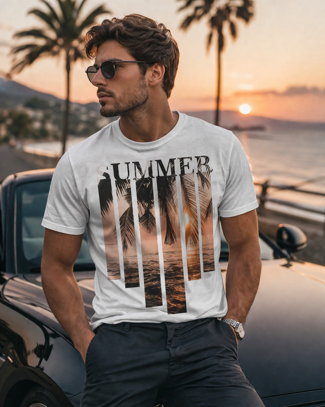 Summer Sunset Beach Graphic White T-Shirt