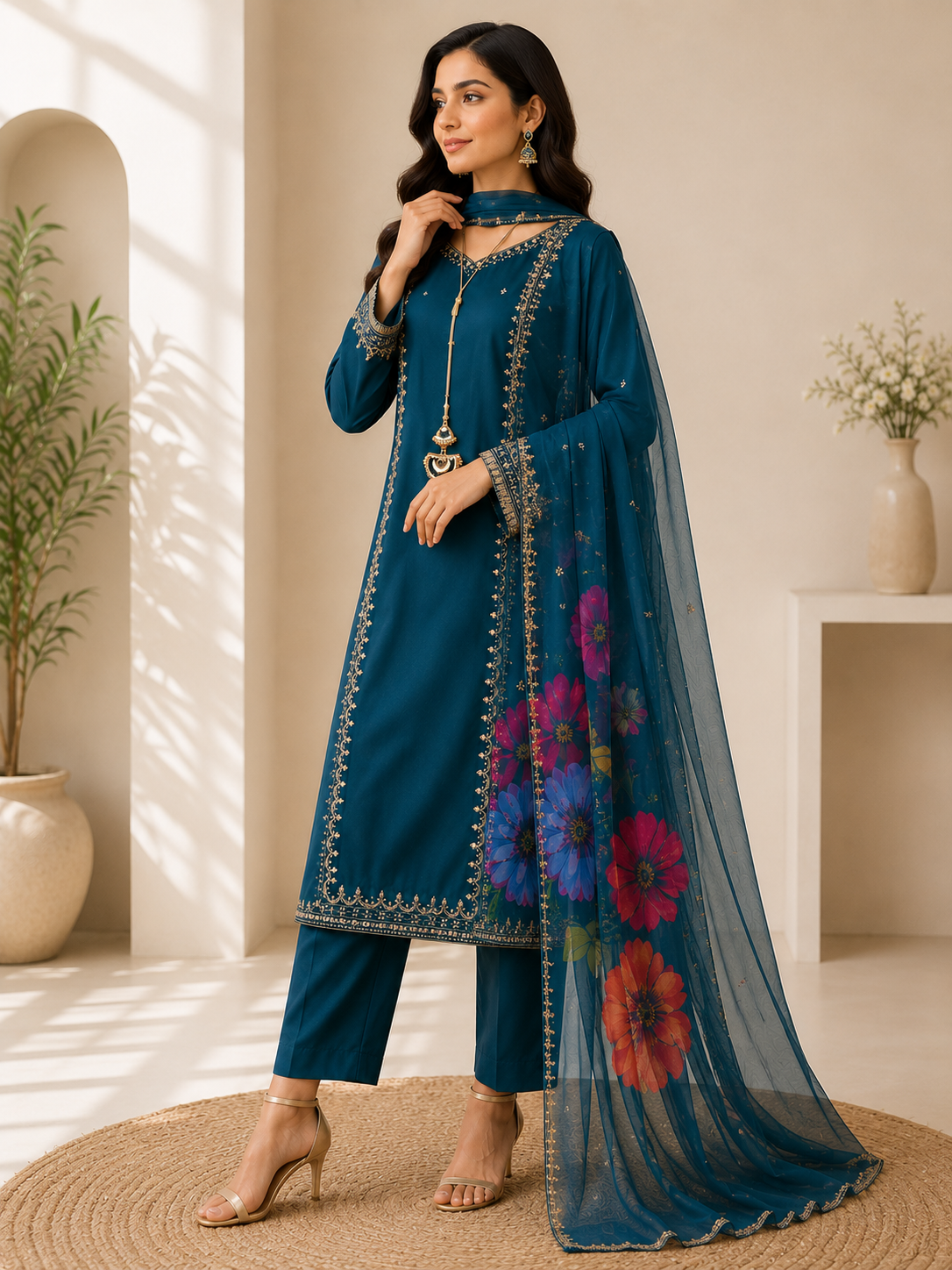 Teal Blue Embroidered Suit