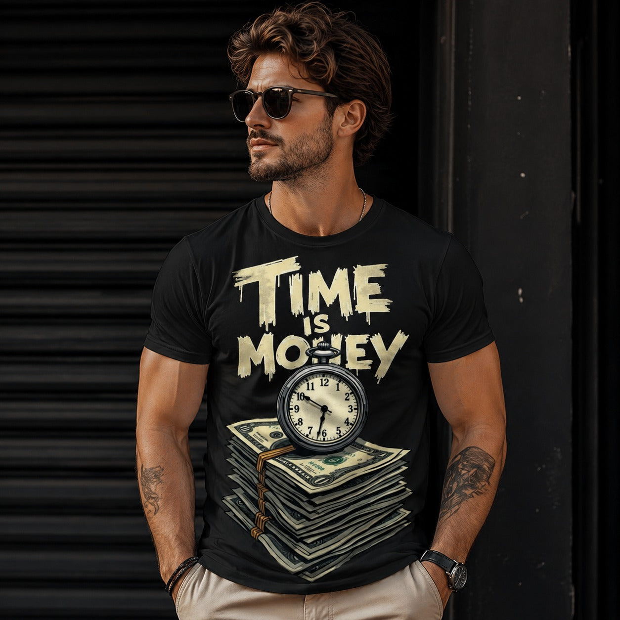 Time Is Money Motivational Graphic Black T-Shirt