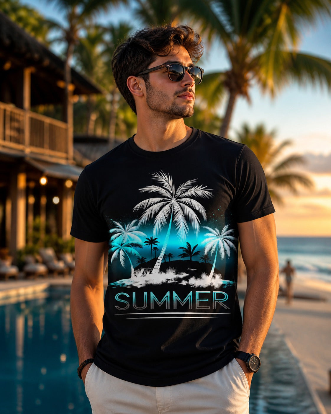 Summer Beach Palm Tree Graphic Black T-Shirt