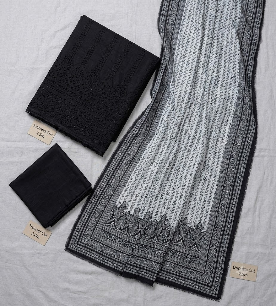 Embroidered black and white 3pc unstiched