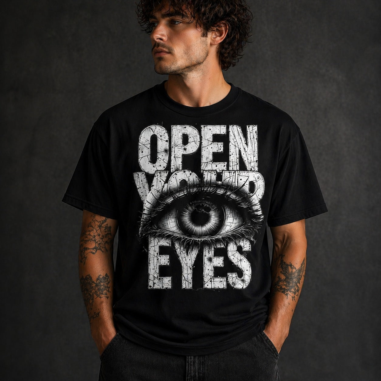 Open Your Eyes Graphic Printed Black T-Shirt