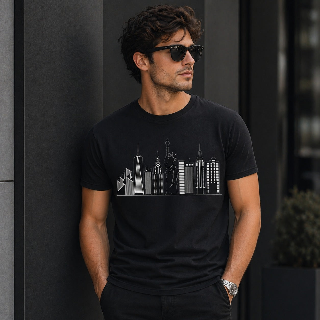 New York Skyline Graphic Printed Black T-Shirt