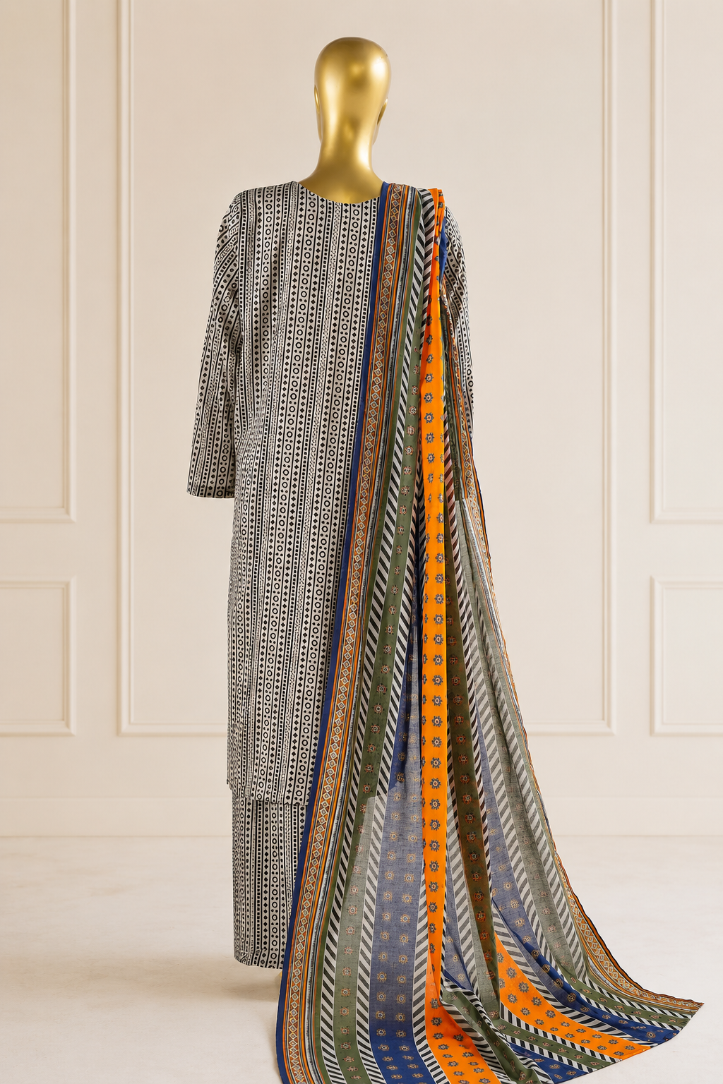 Bin Saeed Elegant Black & White Printed stiched 3-Piece Suit with Multicolor Dupatta