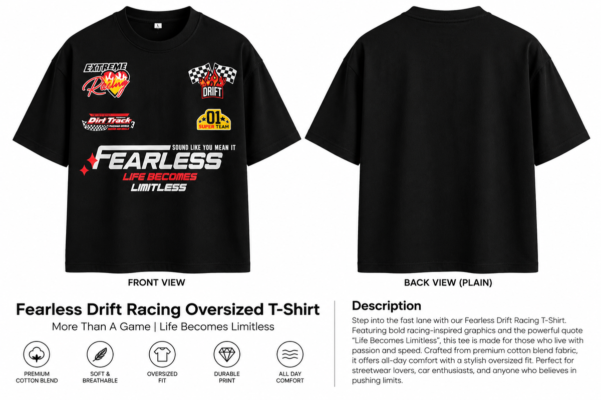 Fearless Drift Racing Oversized T-Shirt – Black