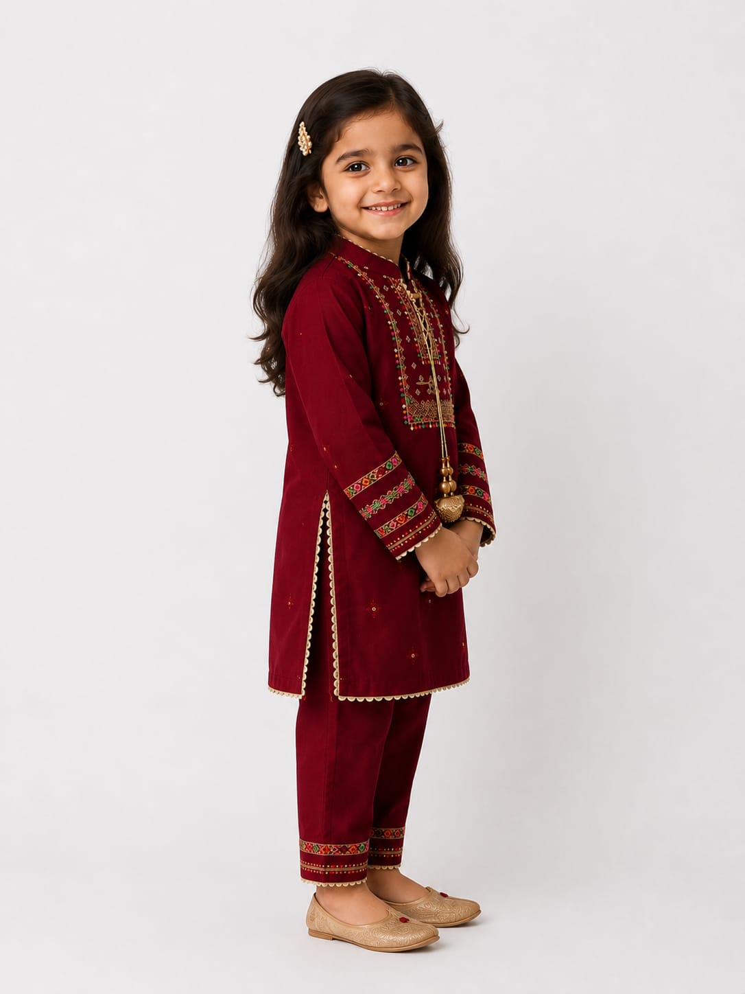 Elegant Ruby Red Embroidered 2 Piece Suit