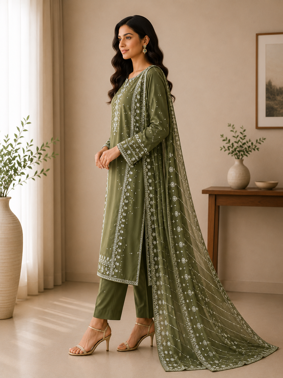 Olive Green Embroidered Suit