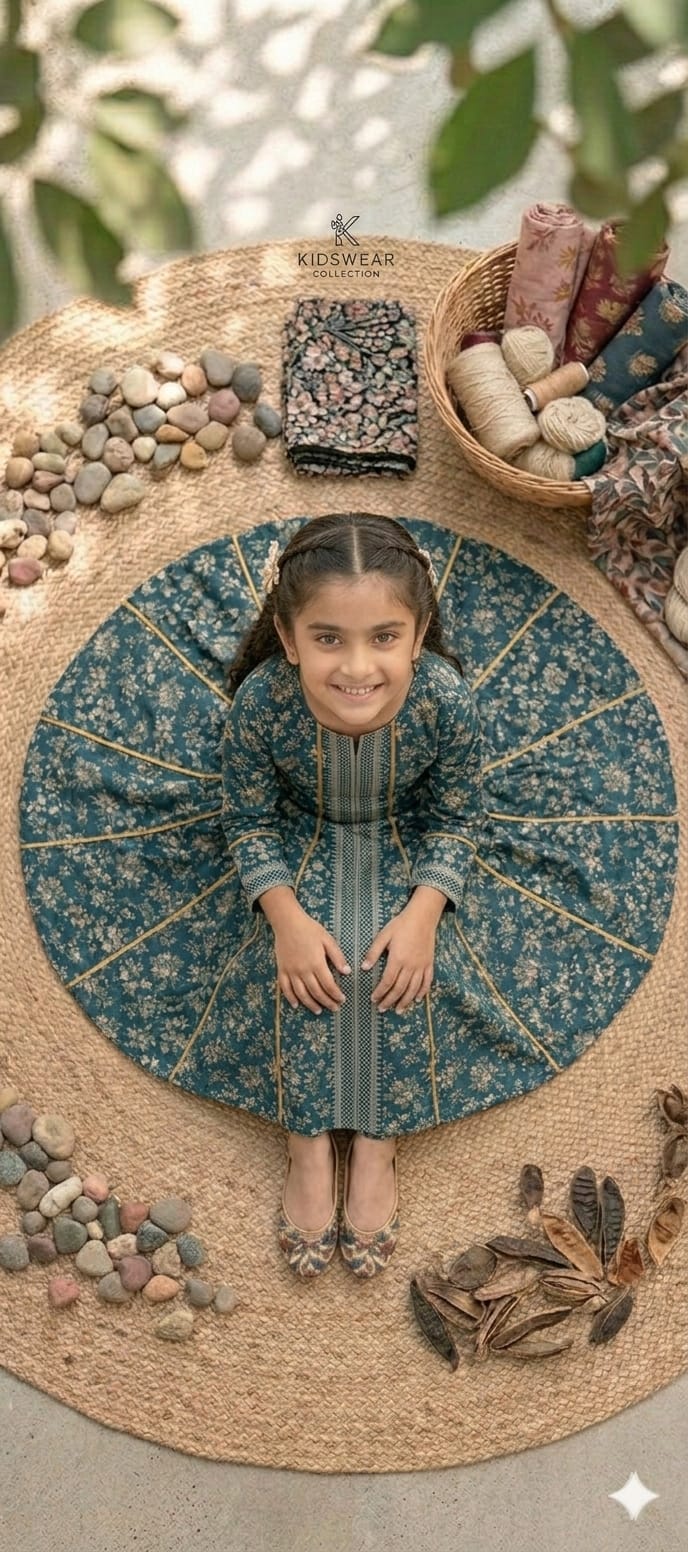 Elegant Teal Floral Printed Kids 2 Piece Suit