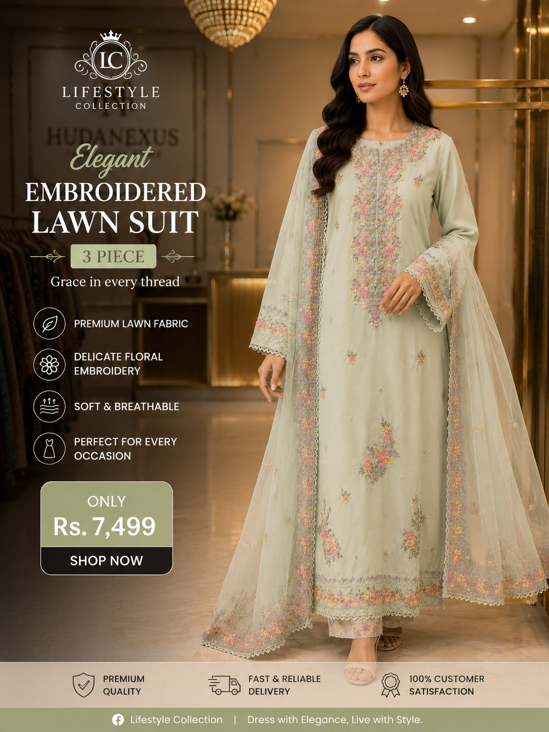 Luxury Mint Green Embroidered 3 Piece Lawn Suit for Women | Premium Pakistani Dress