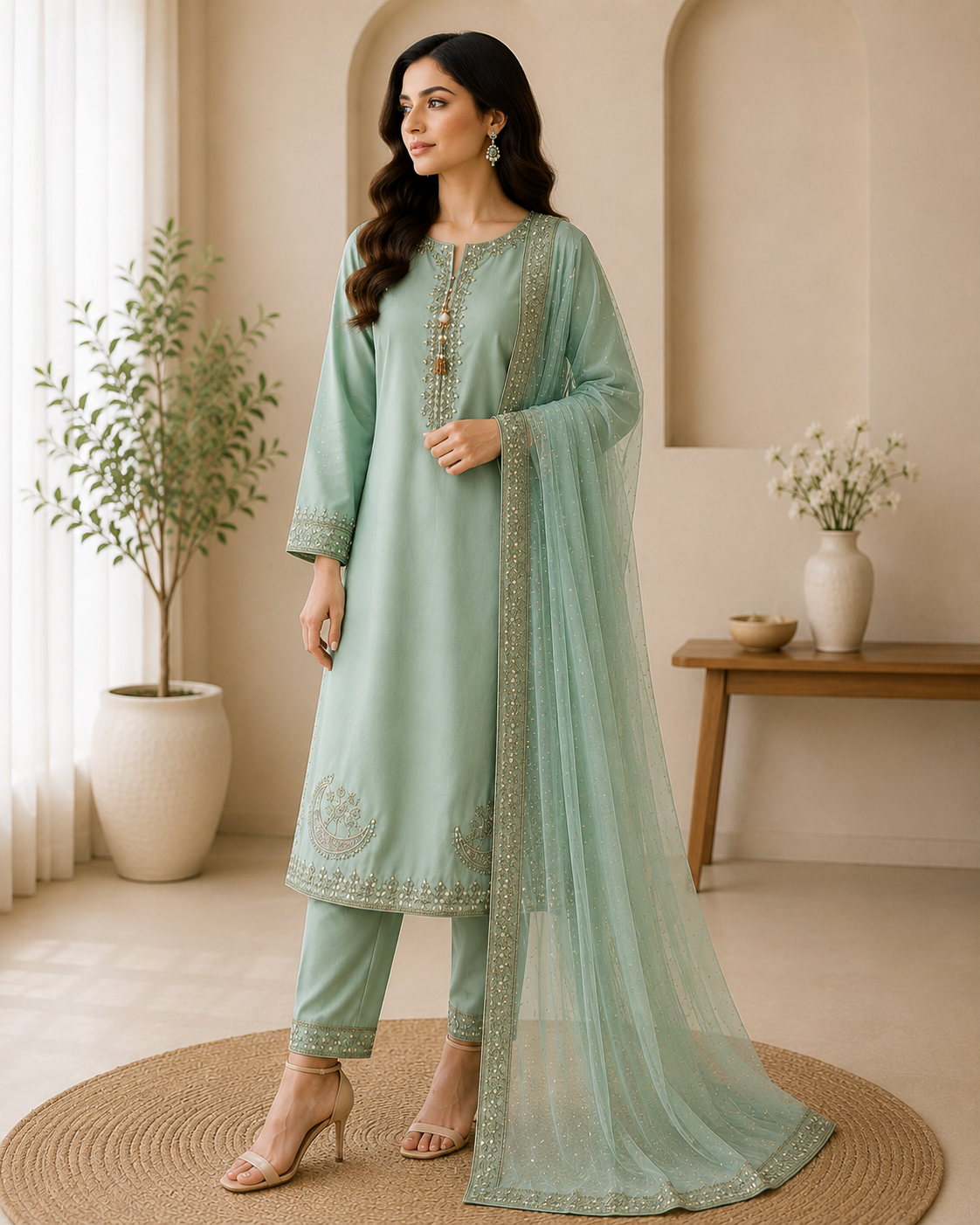 Mint Green Embroidered Lawn Suit with Dupatta for Women
