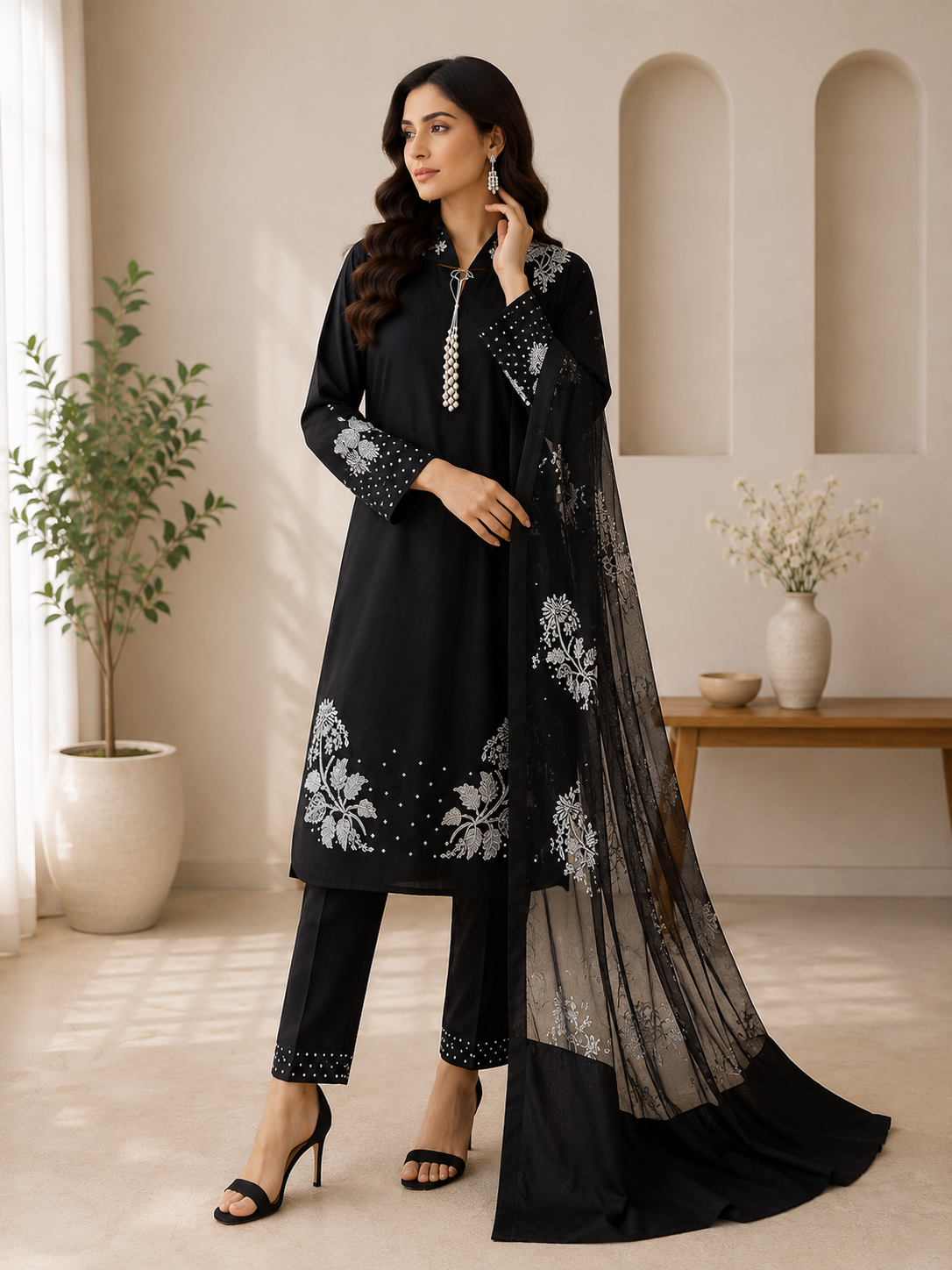 Black Embroidered Lawn Suit with White Embroidery & Dupatta