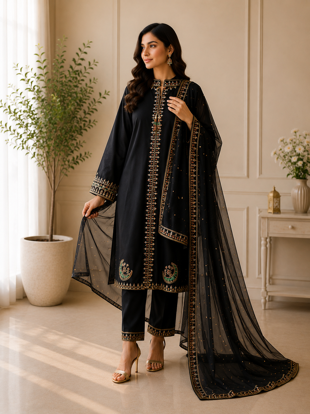 Elegant Black Embroidered Lawn Suit with Dupatta – Women's Dress