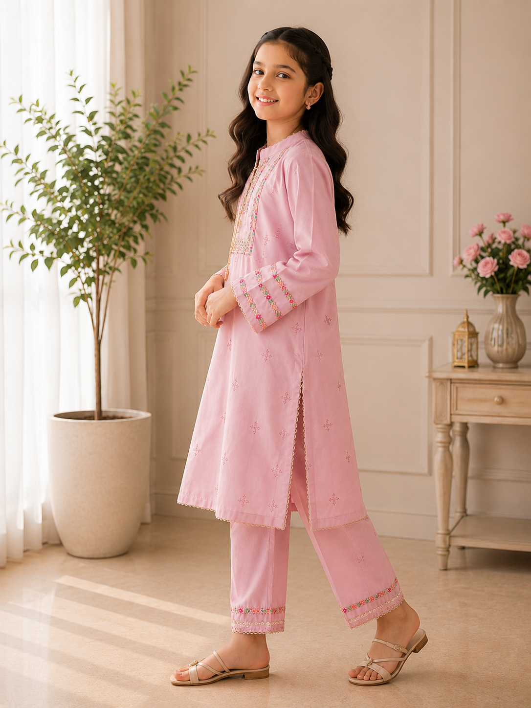 Soft Pink Embroidered 2 Piece Suit
