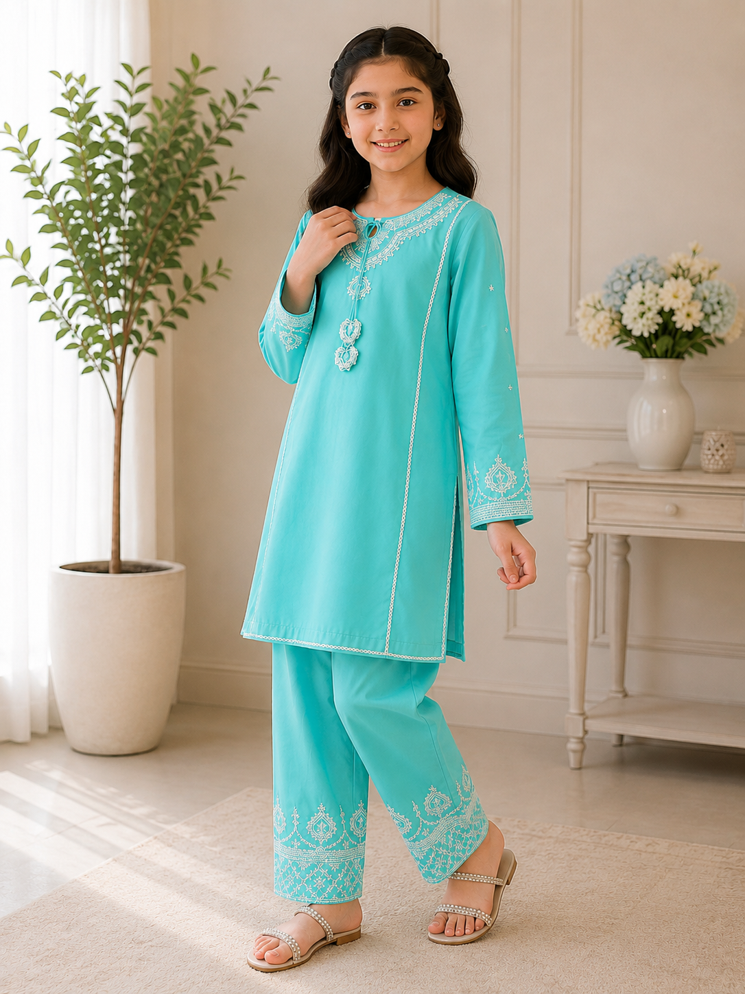 Elegant Aqua Embroidered 2 Piece Suit