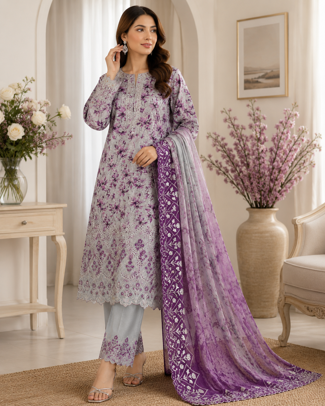 Elegant Grey & Purple Floral Embroidered Lawn Suit with Dupatta