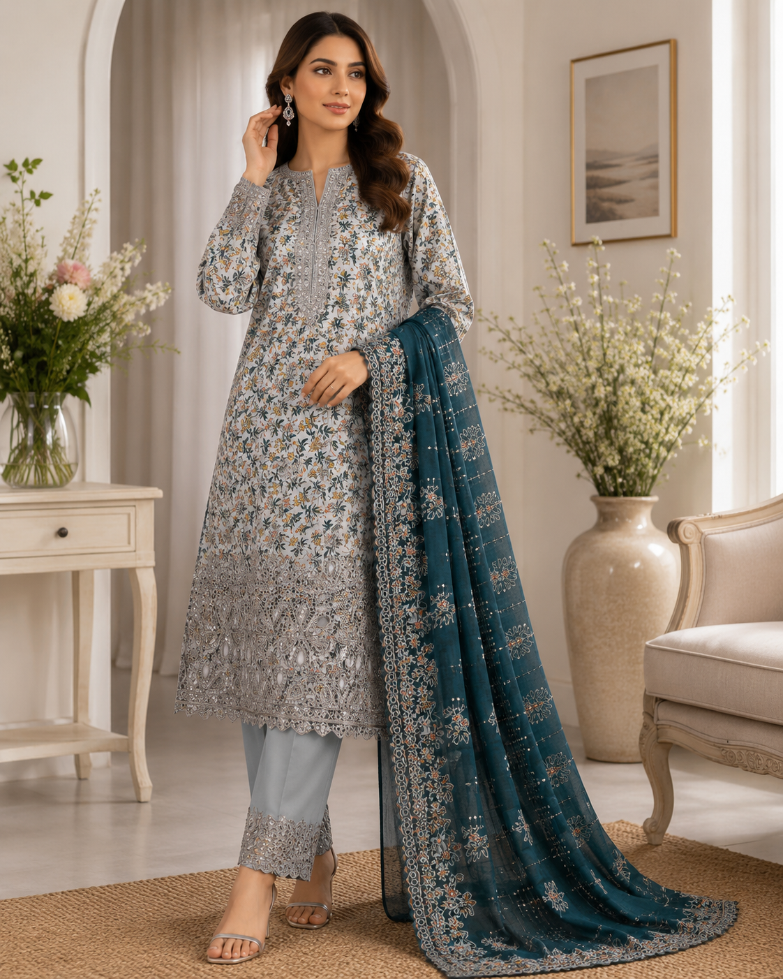 Elegant Grey & Teal Floral Embroidered Lawn Suit with Dupatta