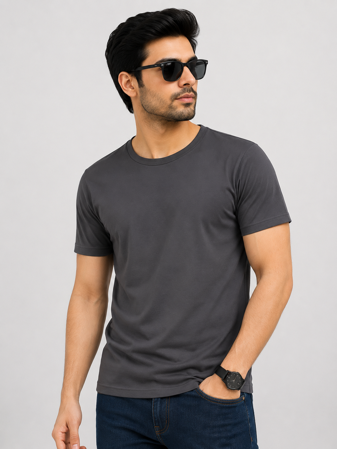 Basic Charcoal Grey Round Neck Half Sleeve T-Shirt