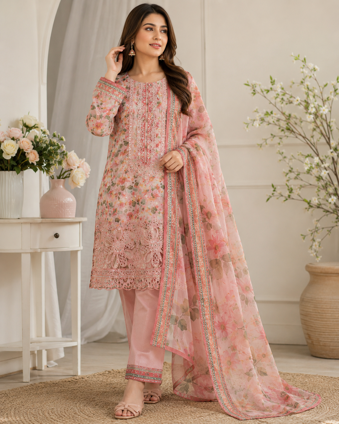 Elegant Pink Floral Embroidered Lawn Suit with Dupatta