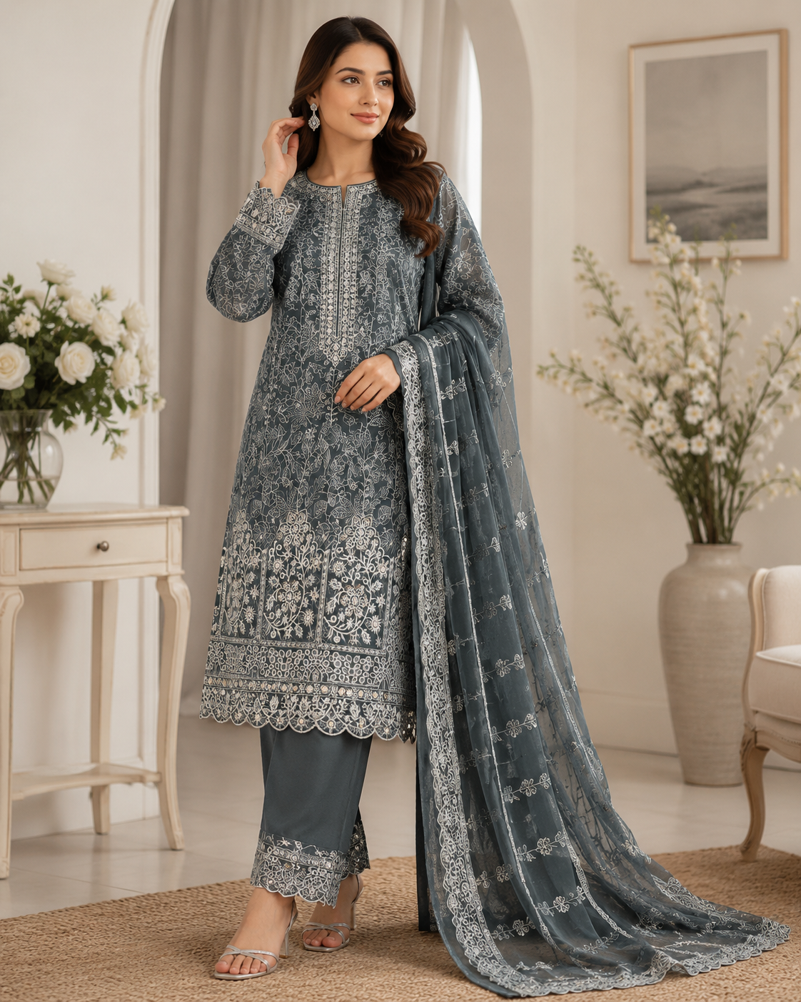 Elegant Grey Embroidered Lawn Suit with Chiffon Dupatta