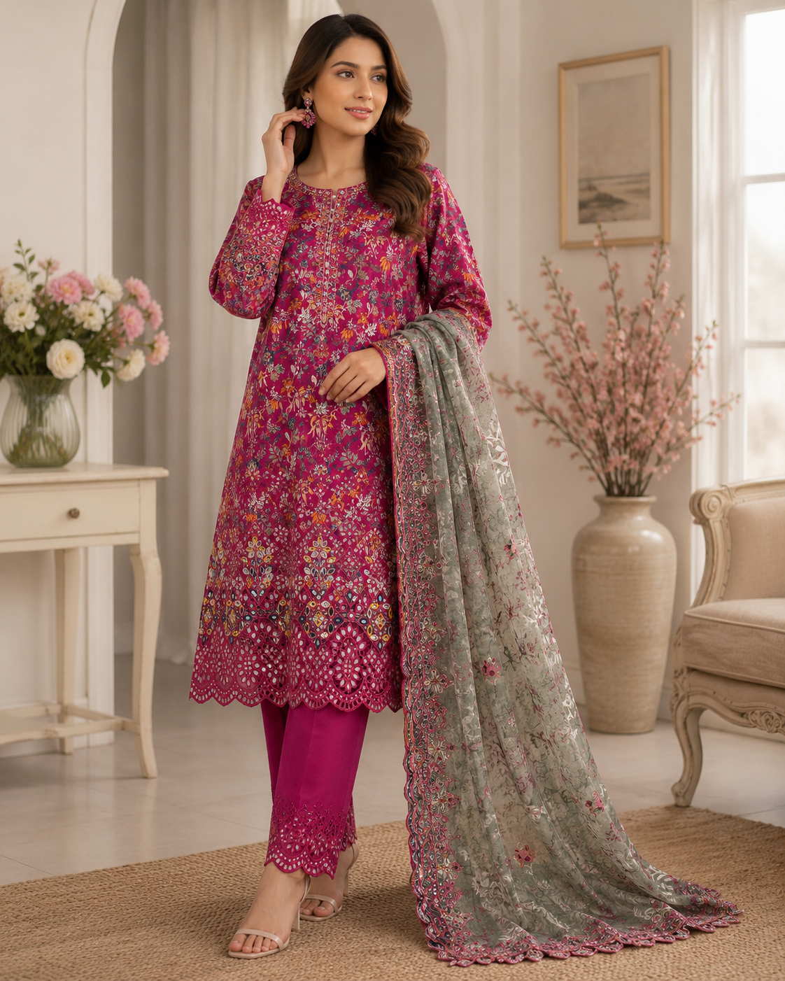 Luxury Magenta Floral Embroidered Lawn Suit with Dupatta