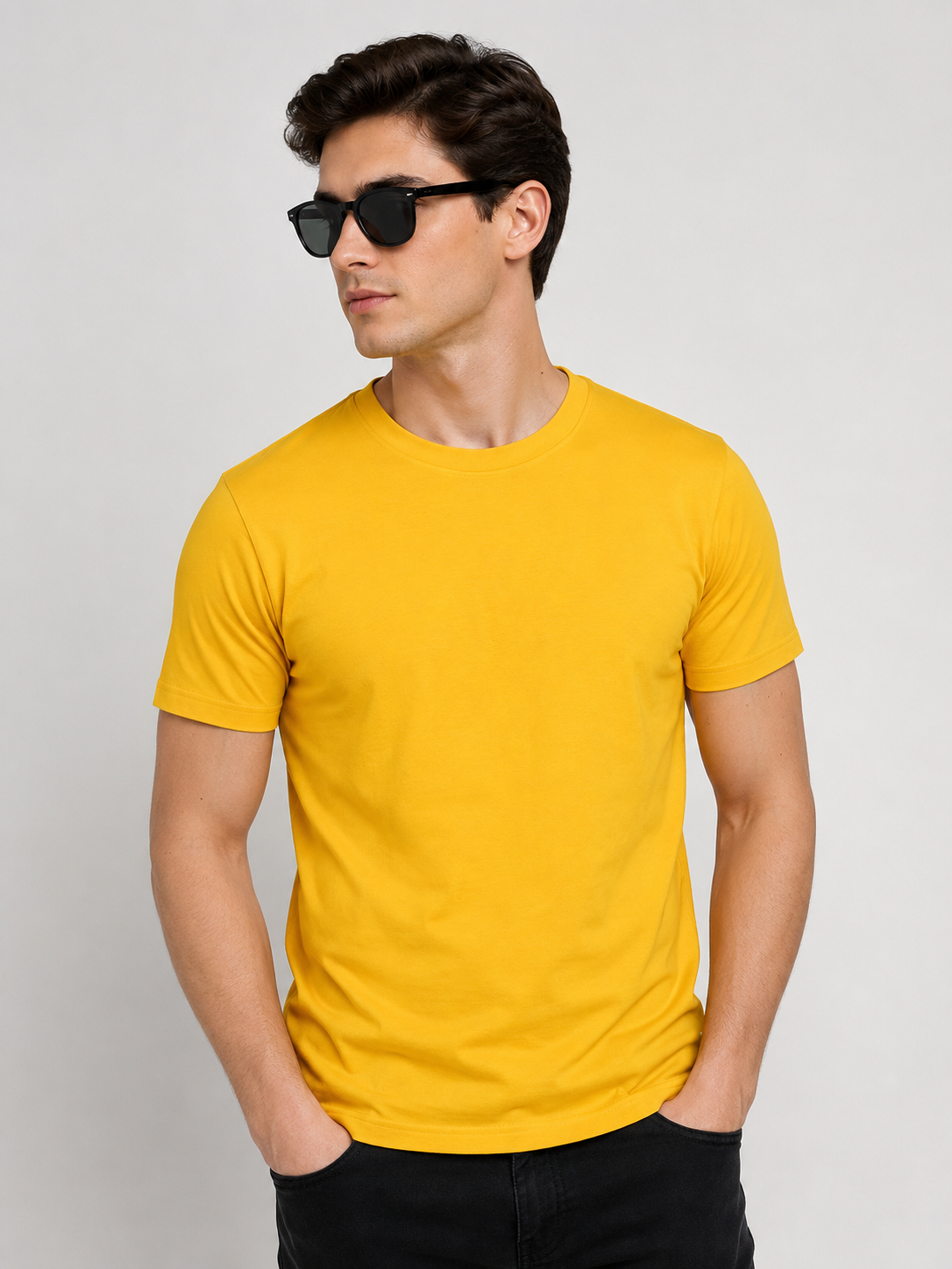 Basic Yellow Round Neck Half Sleeve T-Shirt