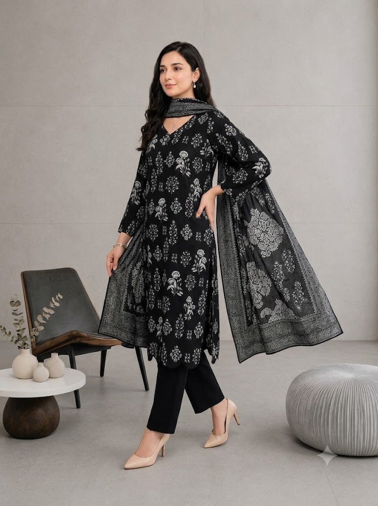 Black & Grey Floral Printed 3-Piece Lawn Suit for Women | Elegant Casual Wear