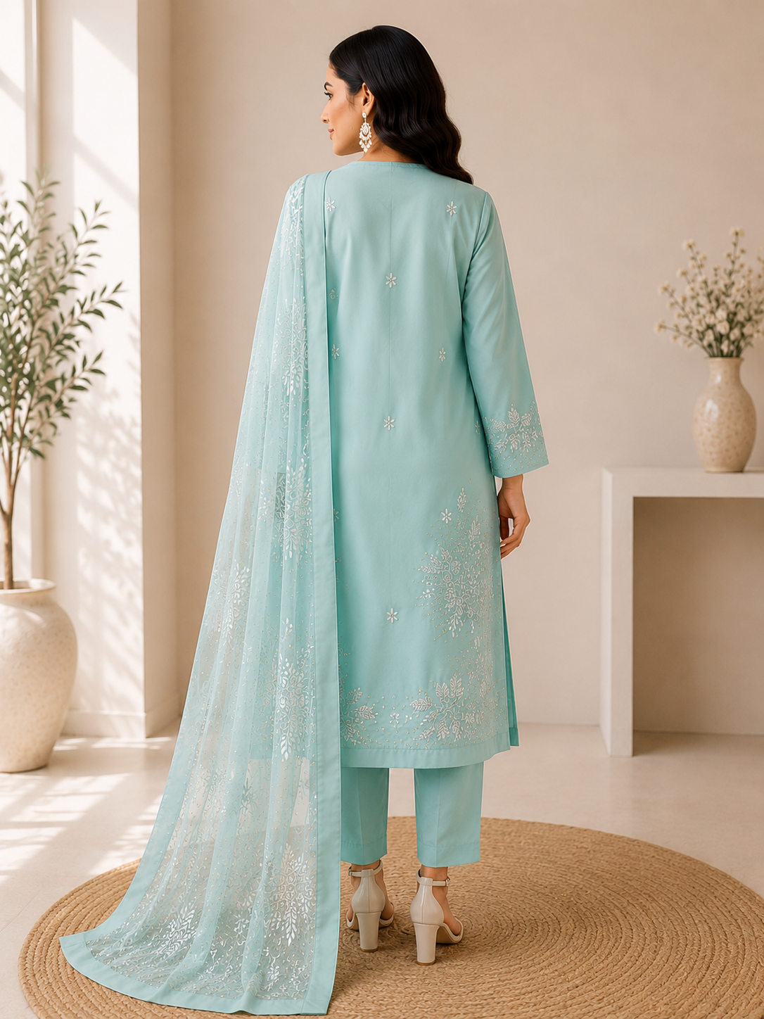 Premium Mint Green Embroidered Suit