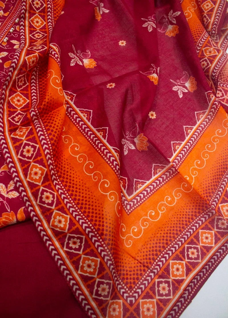 Bin Saeed Maroon Floral stiched Printed 3-Piece Suit with Orange Dupatta