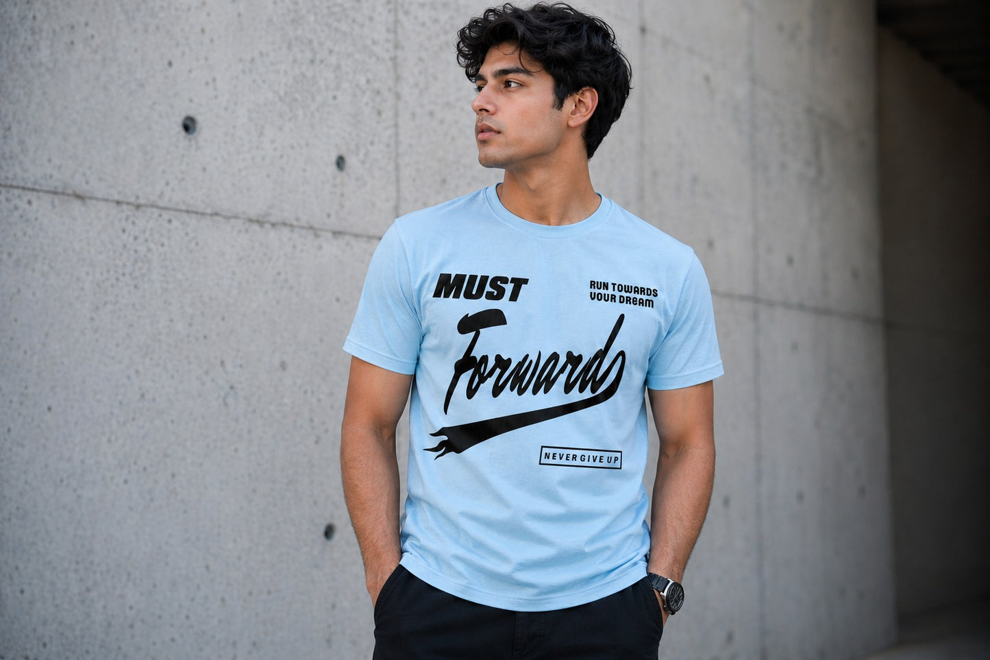 Must Forward Motivational Sky Blue Graphic T-Shirt