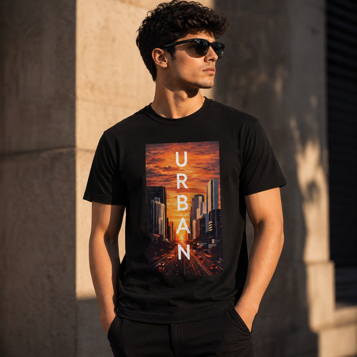 Urban City Sunset Graphic Black T-Shirt