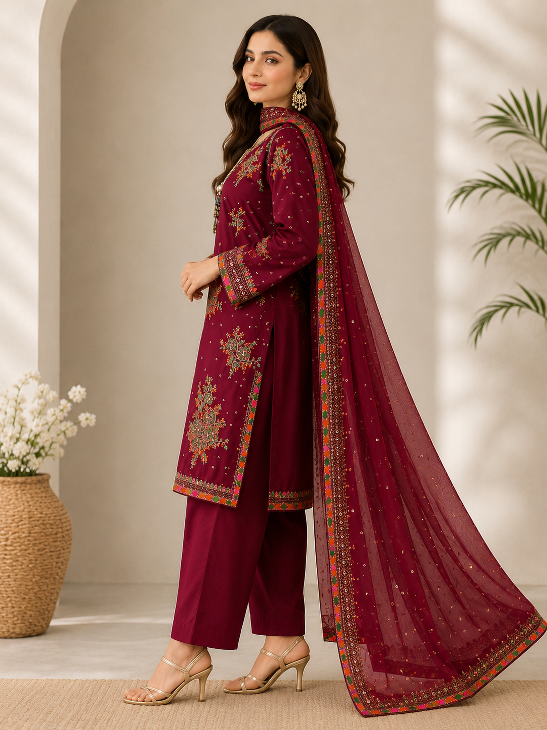 Luxury Maroon Embroidered Suit