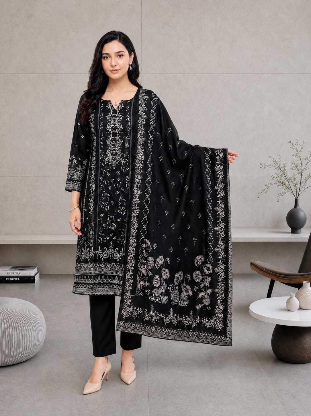 Embroidered black 3pc unstiched lawn