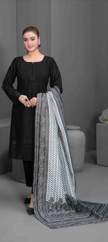 Embroidered black and white 3pc
