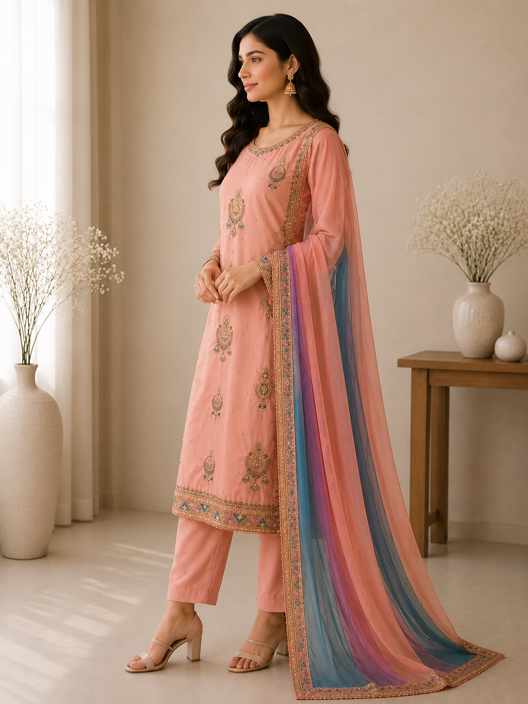 Blush Peach Embroidered Suit