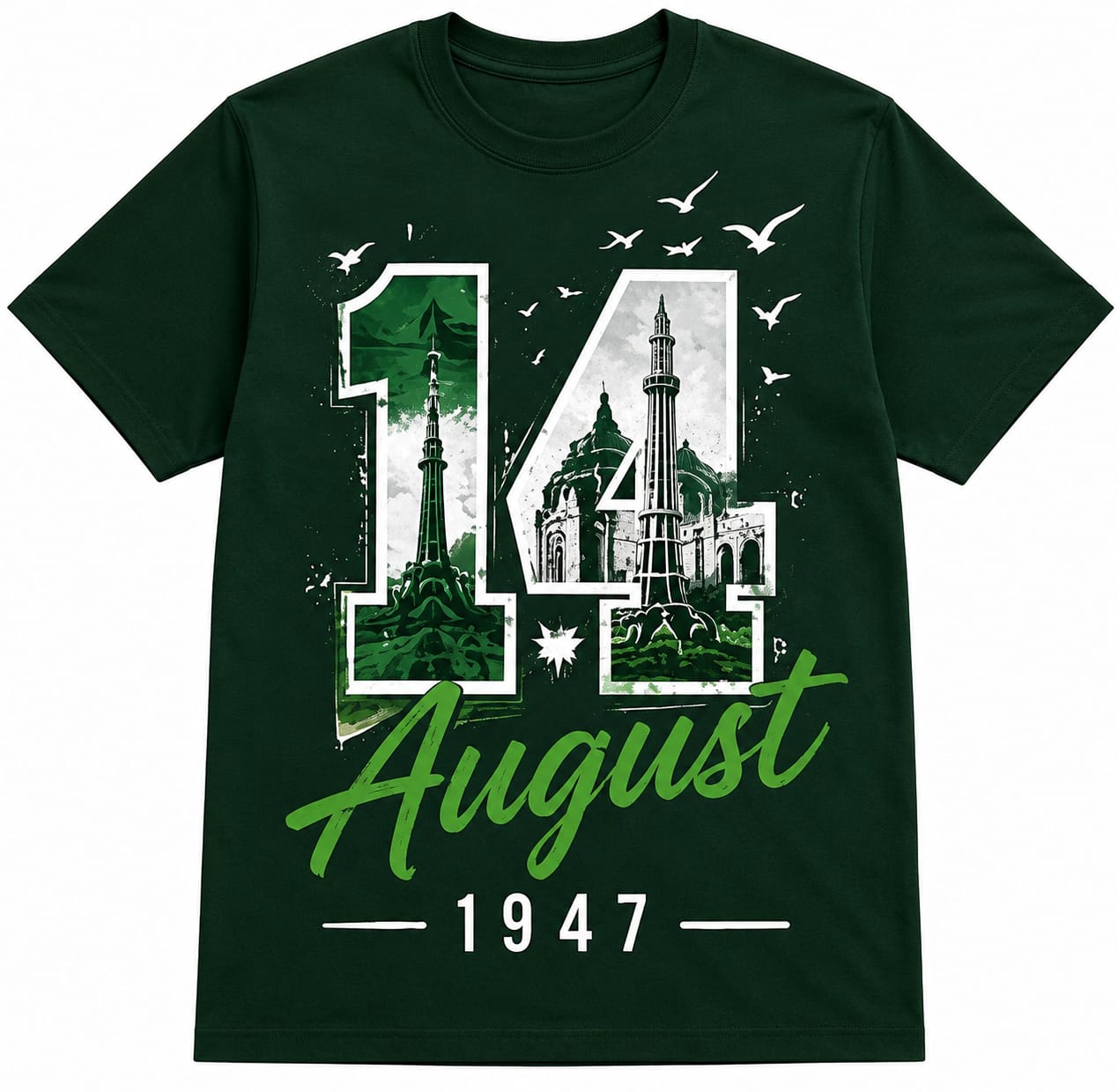 14 August Pakistan Independence Day Graphic T-Shirt | Green Cotton Tee