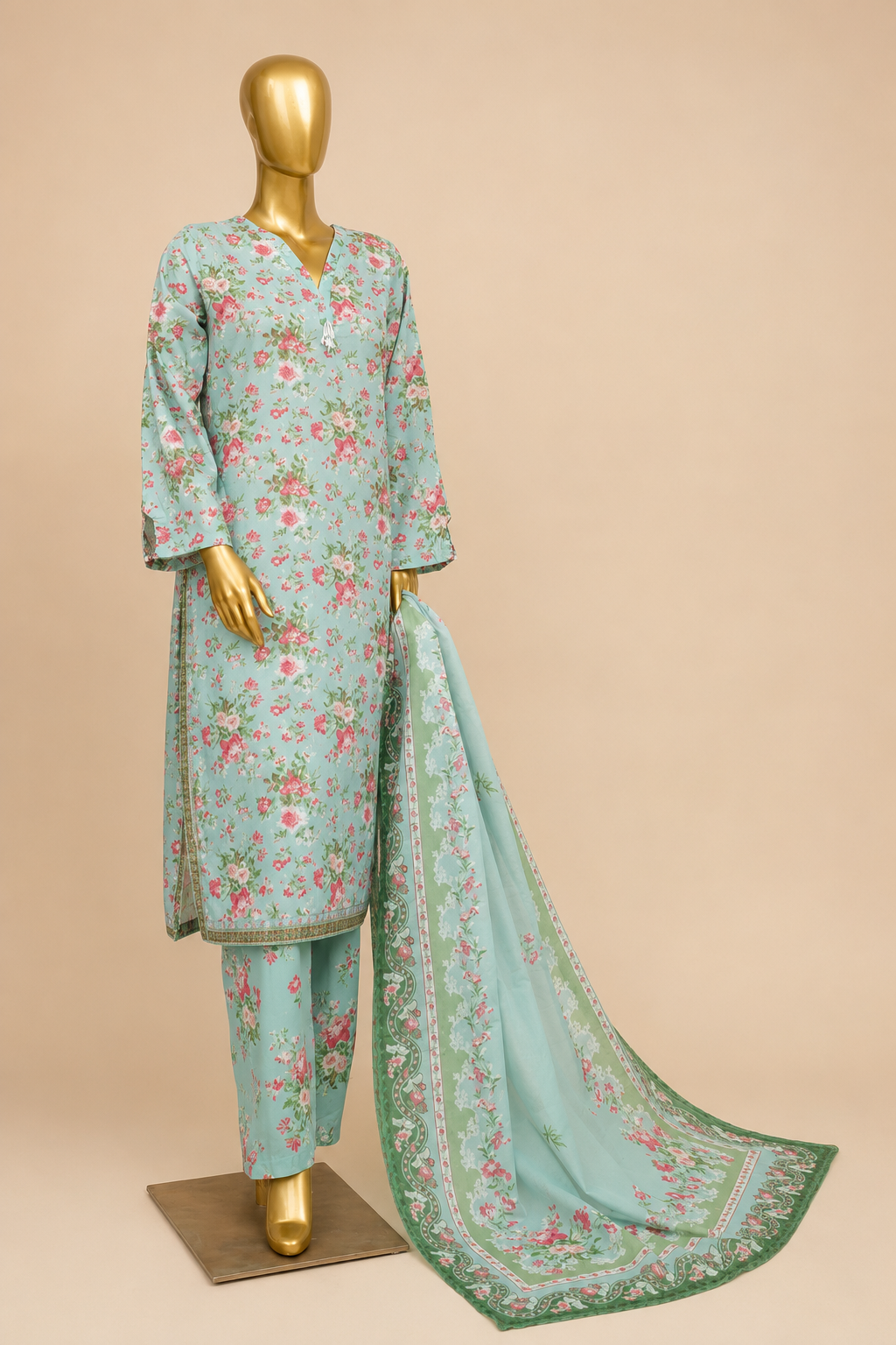 DIGITAL PRINTED MINT FLORAL 3PC LAWN STITCHED ARTICLLE