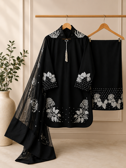 Black Embroidered Lawn Suit with White Embroidery & Dupatta