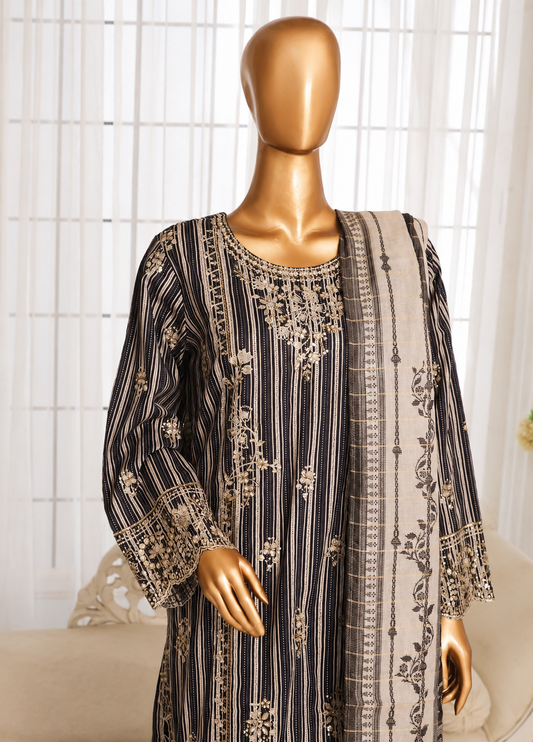 Bin Saeed Elegant Black & Beige Striped stiched 3-Piece Suit with Printed Dupatta