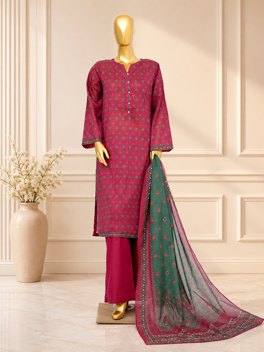 Bin Saeed Elegant Magenta stiched Printed 3-Piece Suit with Green Dupatta