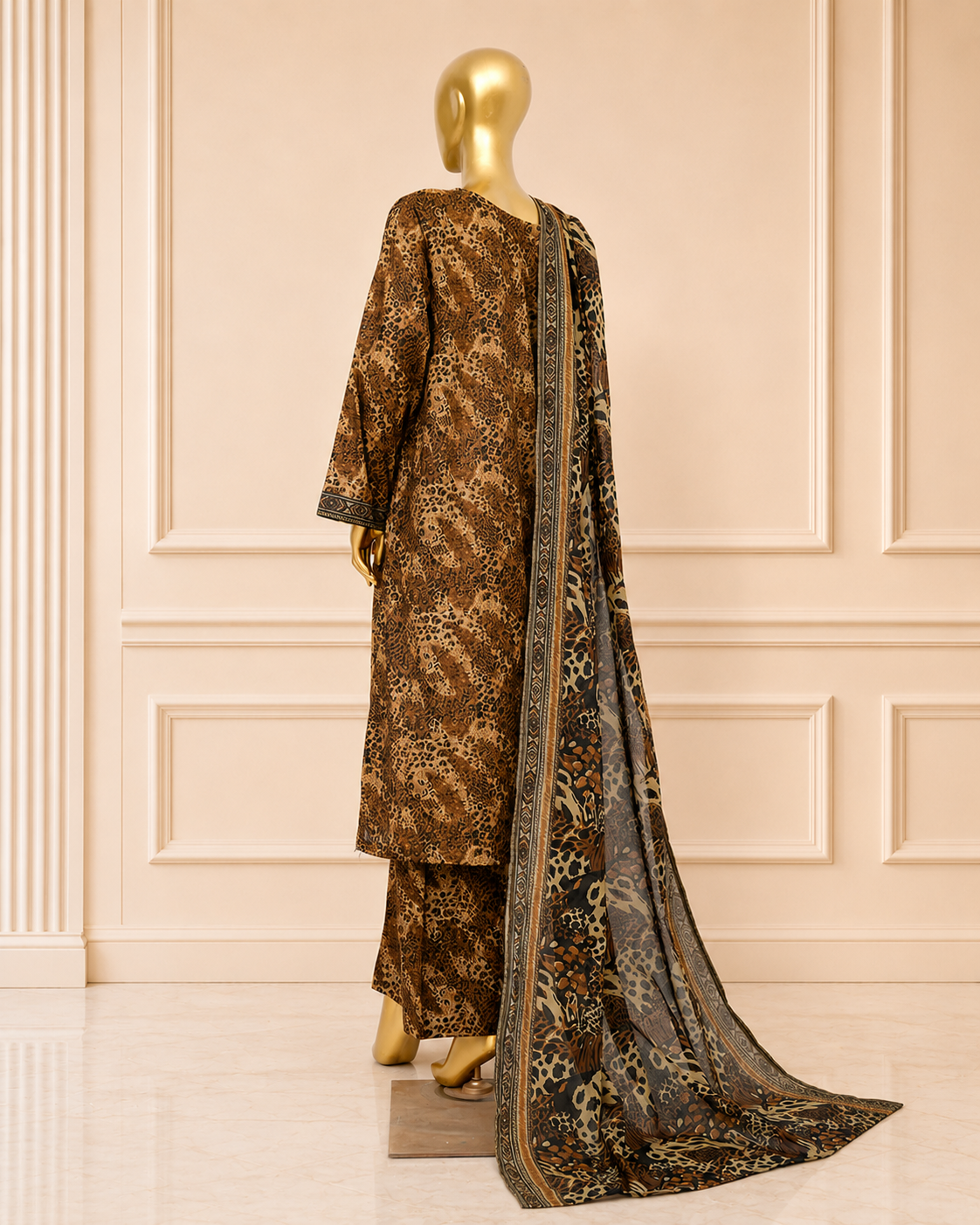 Brown Animal Print 3-Piece Printed Lawn Suit