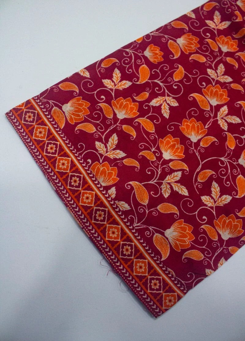 Bin Saeed Maroon Floral stiched Printed 3-Piece Suit with Orange Dupatta
