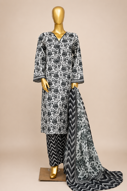 Black & White Floral Printed 3-Piece Suit
