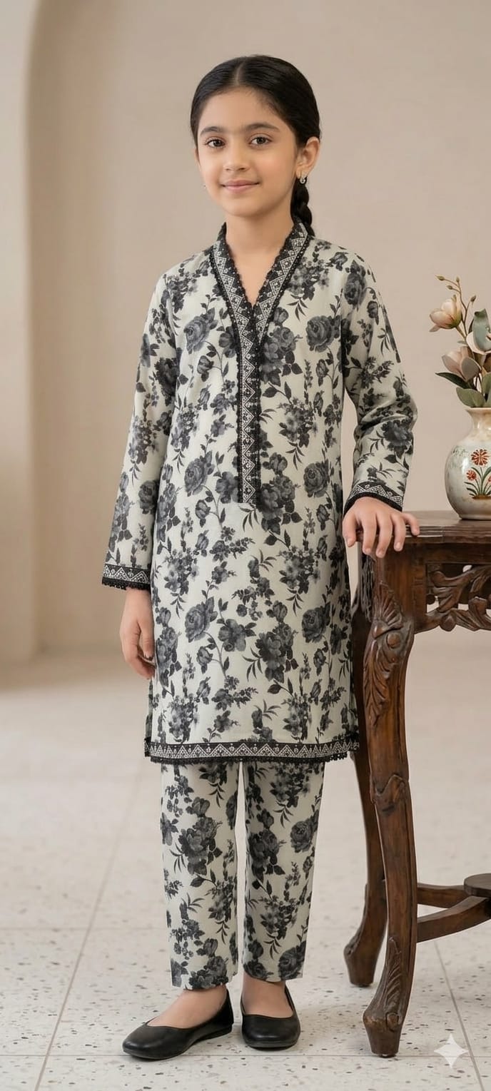 Elegant Black Floral Printed Kids 2 Piece Suit