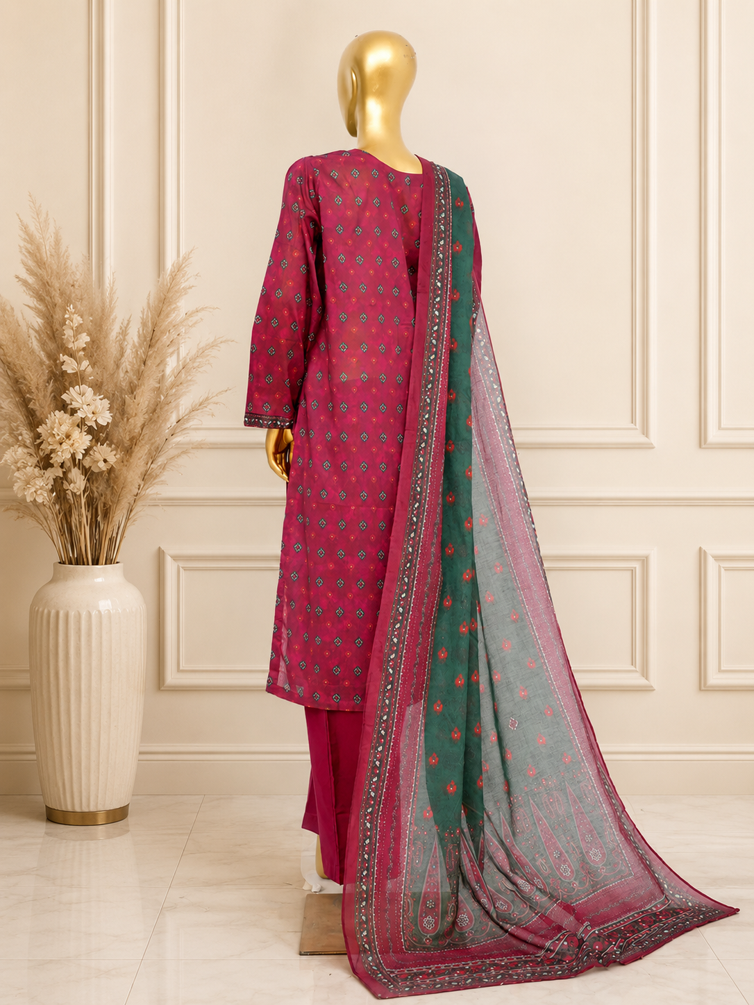 Bin Saeed Elegant Magenta stiched Printed 3-Piece Suit with Green Dupatta